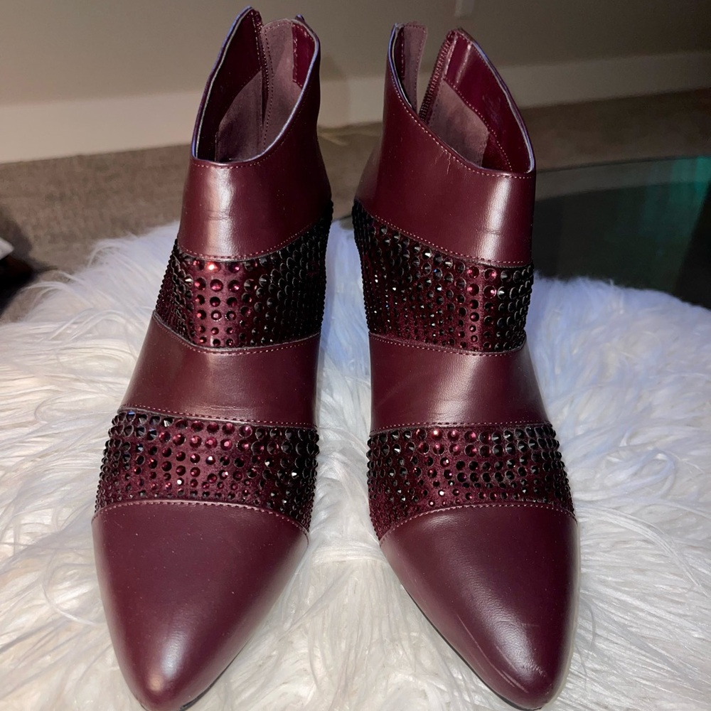 Purple leather ankle boots with faceted purple rhinestones by Impo, size 9